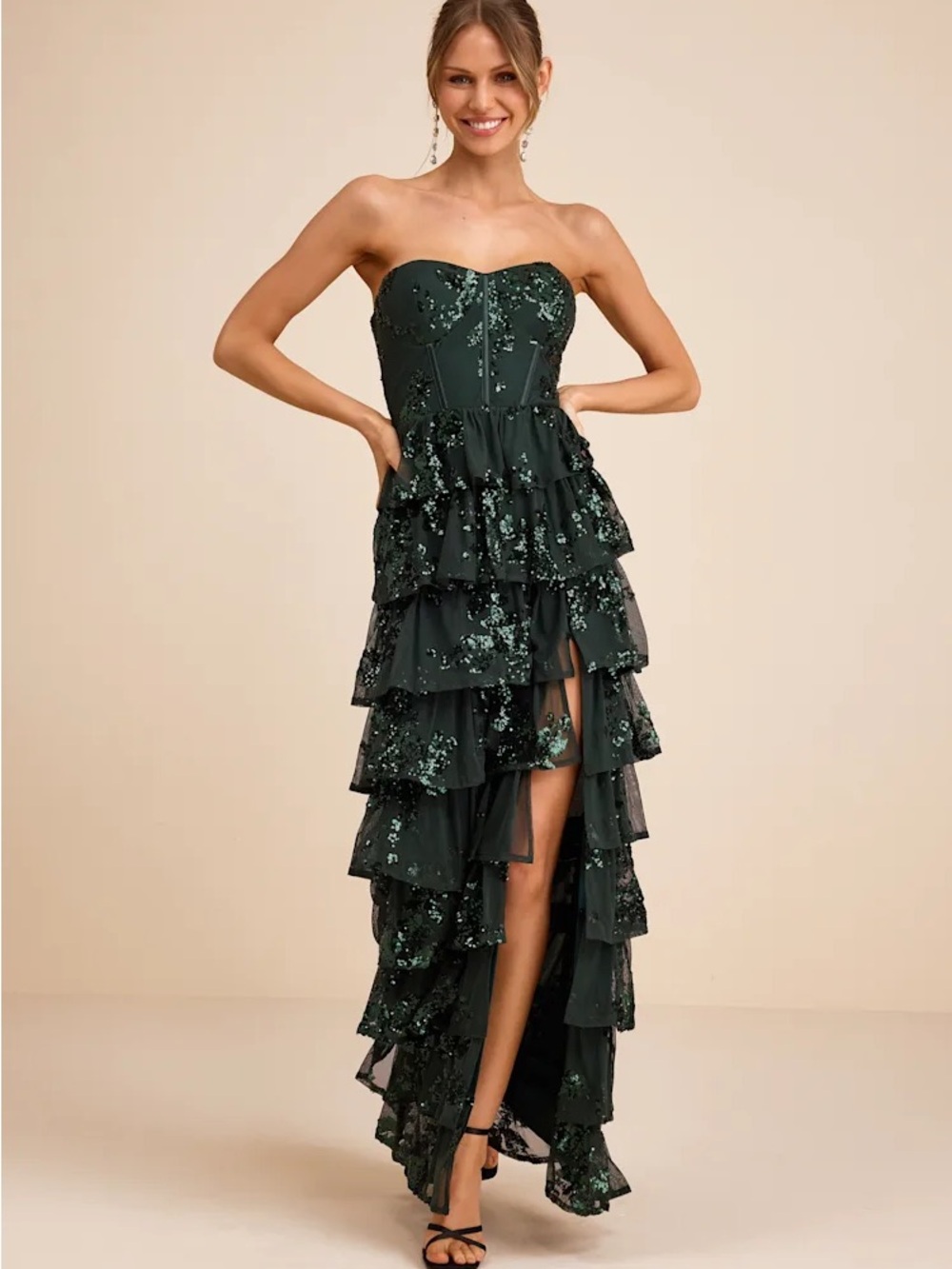 Lulu's Strapless Emerald Sequin Ruffle High-Low Gown
